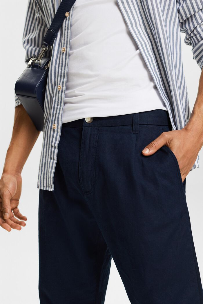 Rovné kalhoty ze směsi lnu a bavlny, NAVY, detail image number 4