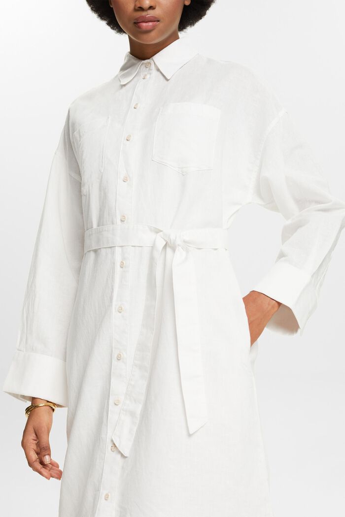 Košilové šaty s opaskem, ze směsi lnu a bavlny, OFF WHITE, detail image number 3