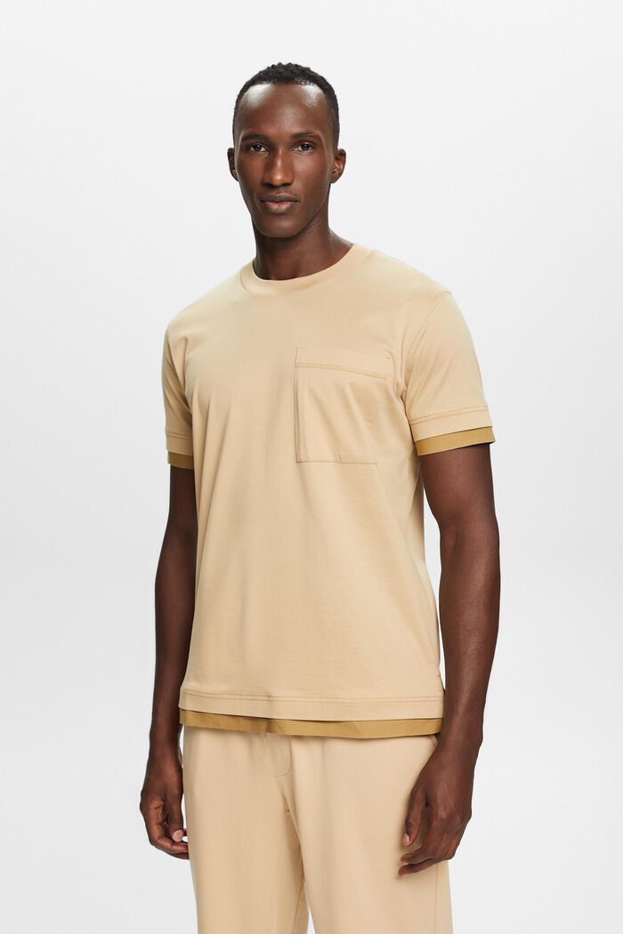 Tričko s kulatým výstřihem ke krku, s vrstveným vzhledem, 100% bavlna, SAND, detail image number 0