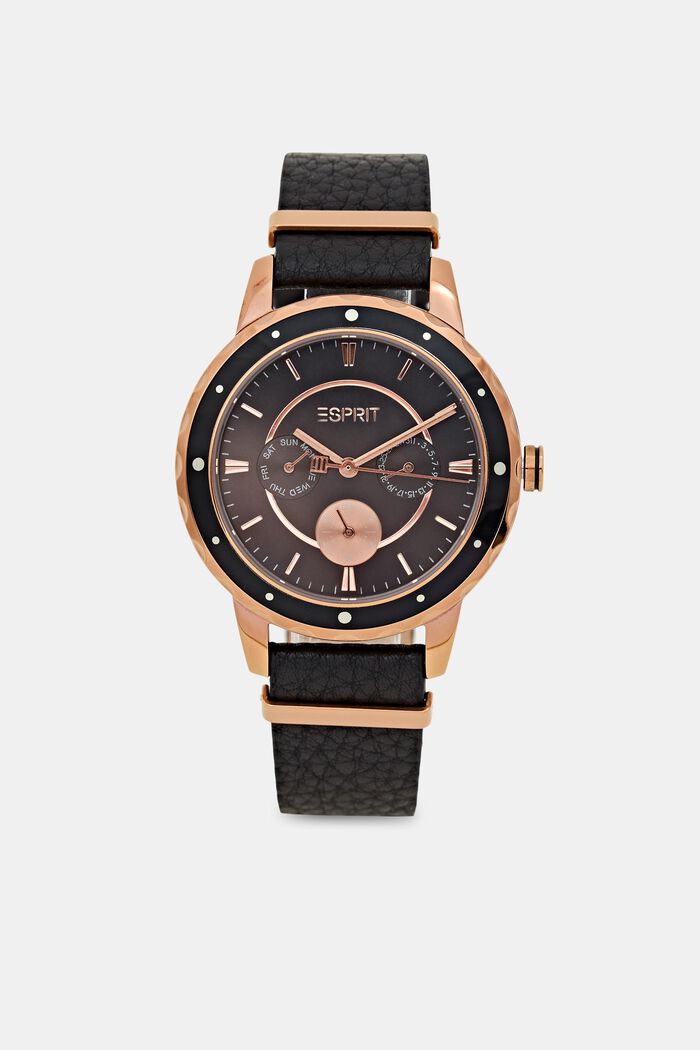 Multifunkční hodinky s koženým páskem, BLACK, detail image number 0