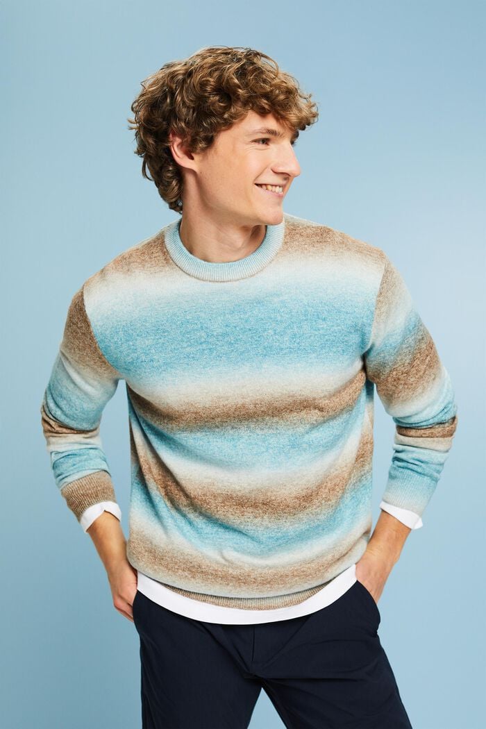 Pruhovaný pulovr, kulatý výstřih a přechod barev, DARK TURQUOISE, detail image number 0