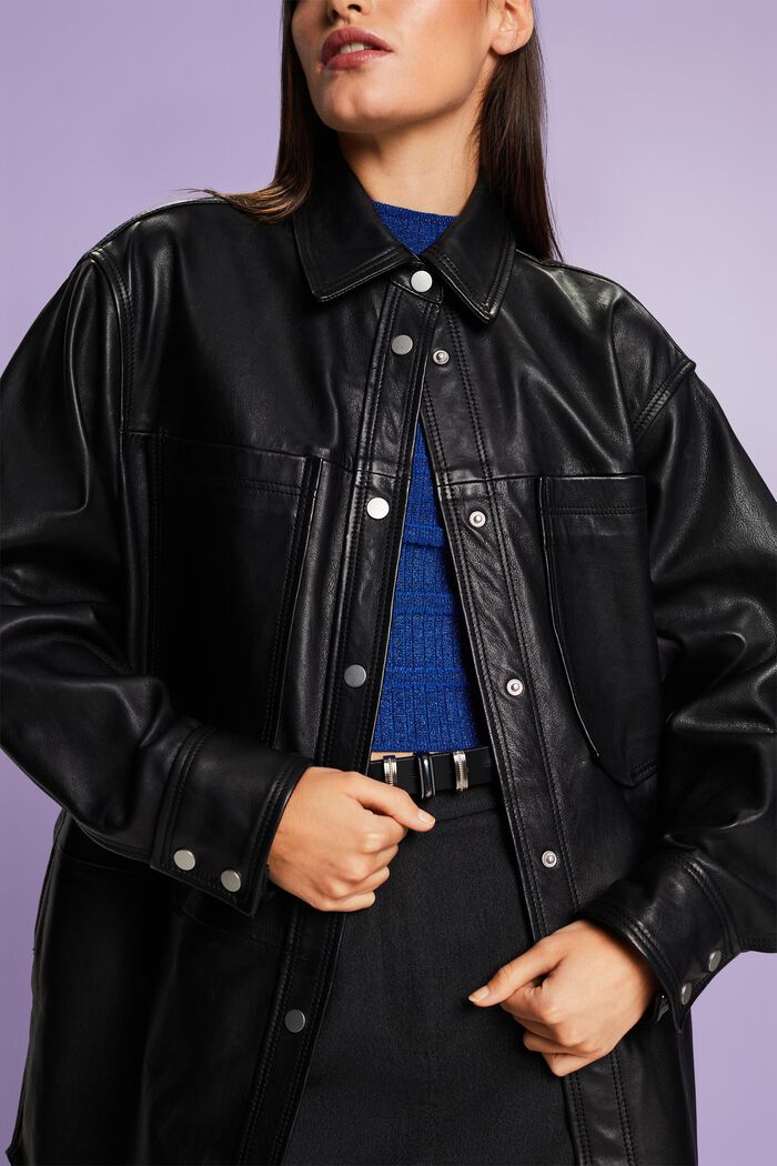 Oversize košilová kožená bunda, BLACK, detail image number 2