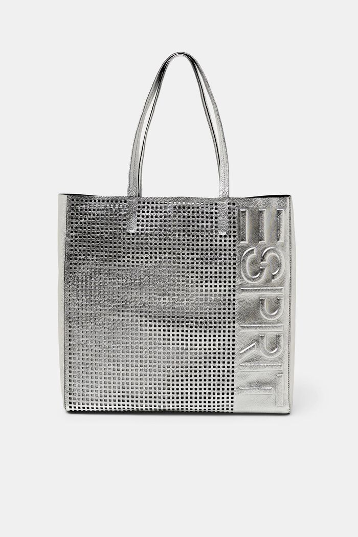Kožená kabelka tote bag s vyraženým logem, SILVER, detail image number 0