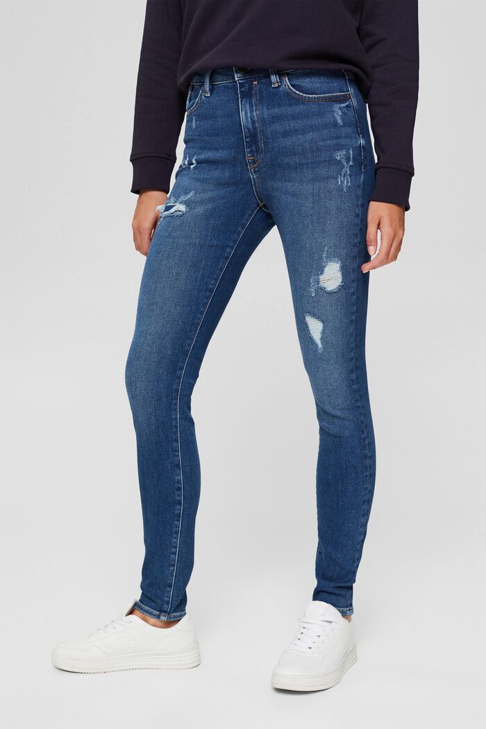 Úzké džíny s poničeným vzhledem, bio bavlna, BLUE DARK WASHED, detail image number 0
