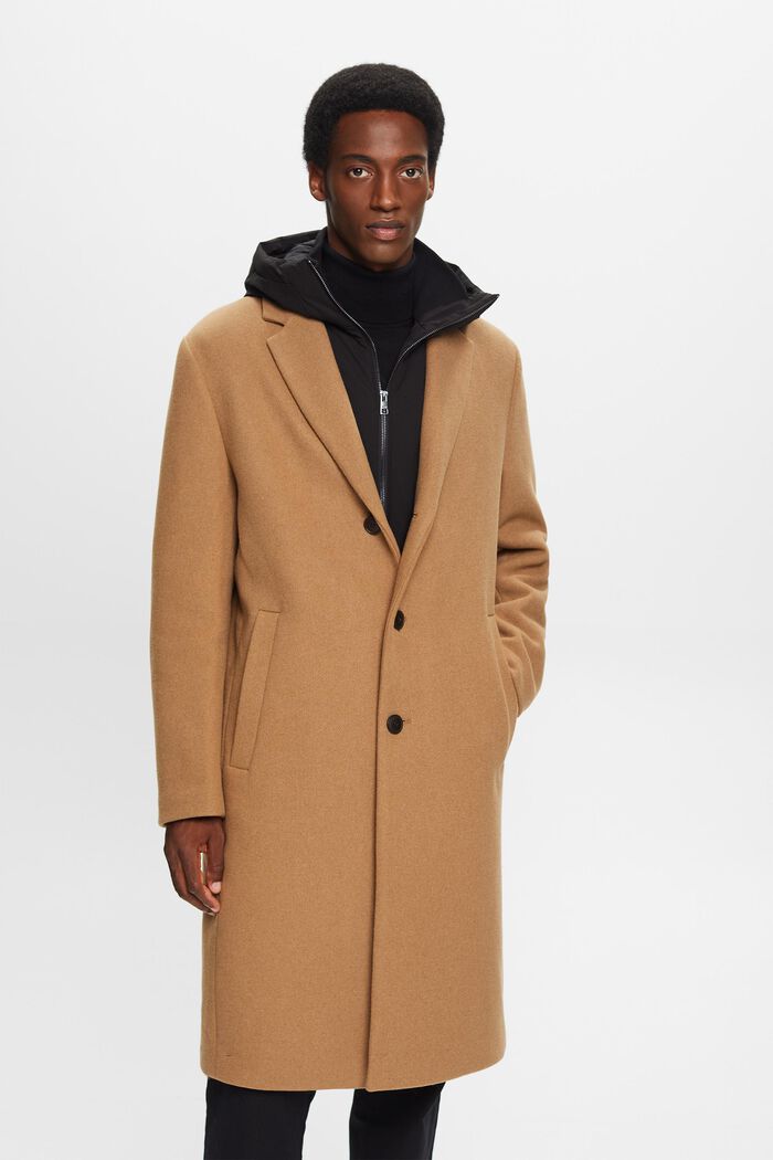 Kabát z vlněné směsi, s odnímatelnou kapucí, CAMEL, detail image number 0