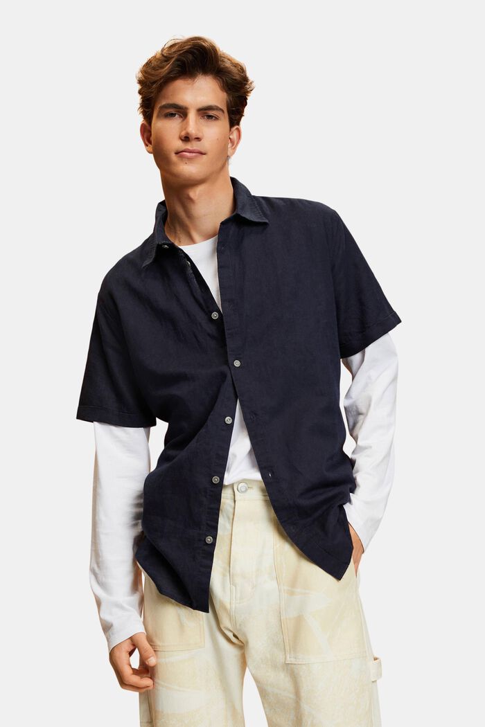 Košile, krátký rukáv, směs s bavlnou a lnem, NAVY, detail image number 0