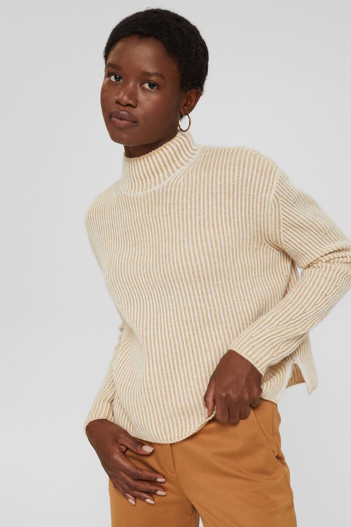 Ze směsi s vlnou: žebrový pulovr s dvoubarevným vzhledem, KHAKI BEIGE, detail image number 0