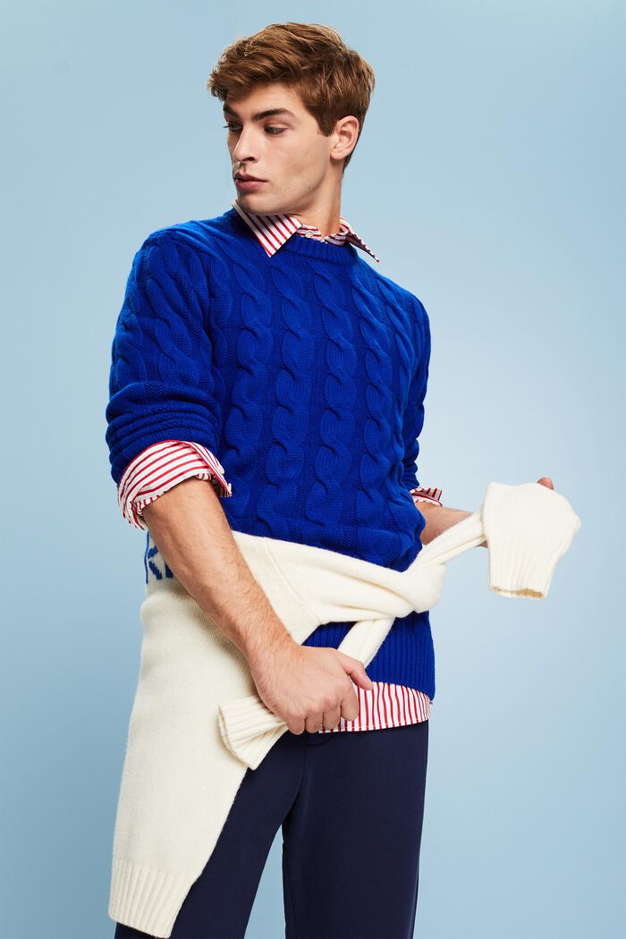 Vlněný pulovr z copánkové pleteniny, DARK BLUE, detail image number 4