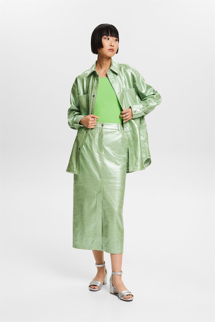 Metalická midi sukně s povrchovou úpravou, LIGHT AQUA GREEN, detail image number 1