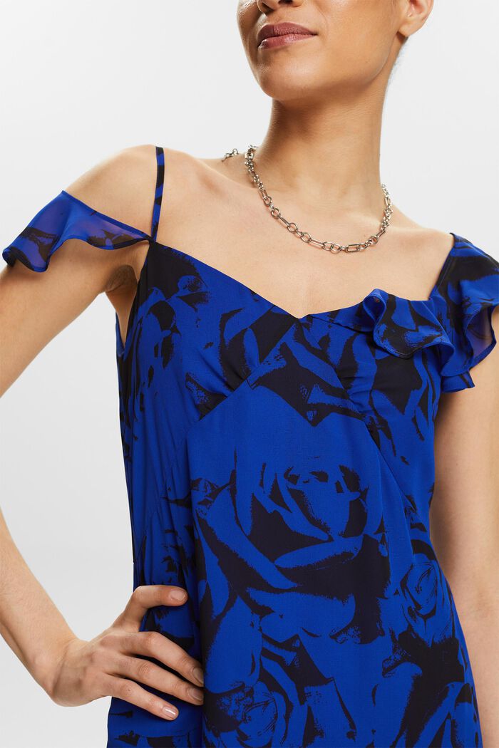 Potištěné šifonové midi šaty s odhalenými rameny, BRIGHT BLUE, detail image number 3