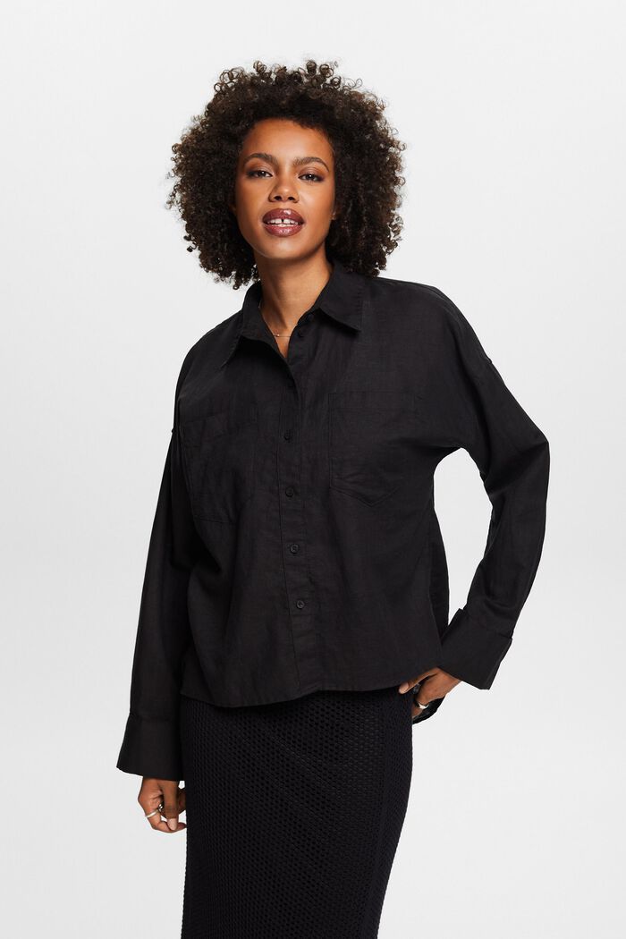 Košilová halenka ze směsi bavlny a lnu, BLACK, detail image number 0