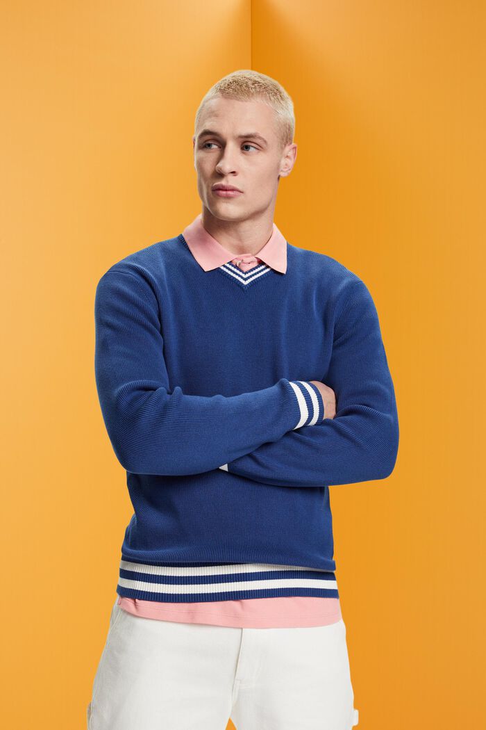 Bavlněný pulovr, špičatý výstřih, udržitelná bavlna, BLUE, detail image number 0