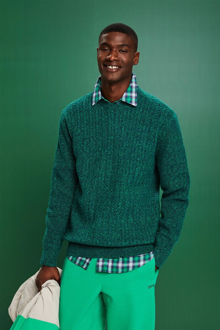 Melírovaný copánkový pulovr s kulatým výstřihem, GREEN, detail image number 4