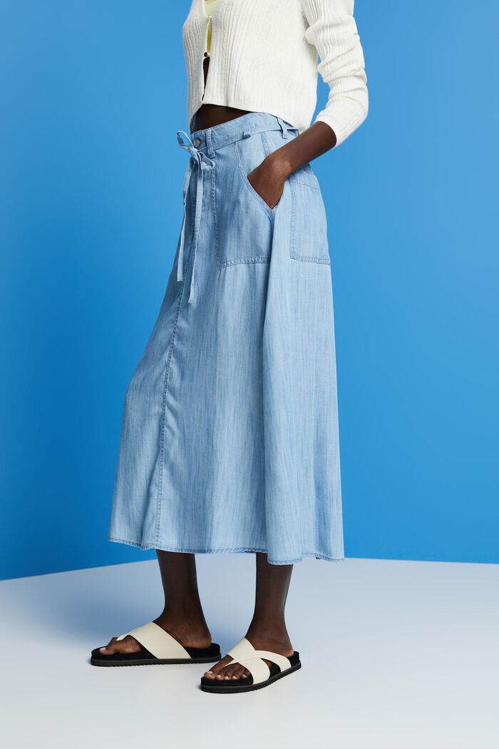 Z materiálu TENCEL™: midi sukně z imitace džínoviny, BLUE LIGHT WASHED, detail image number 0