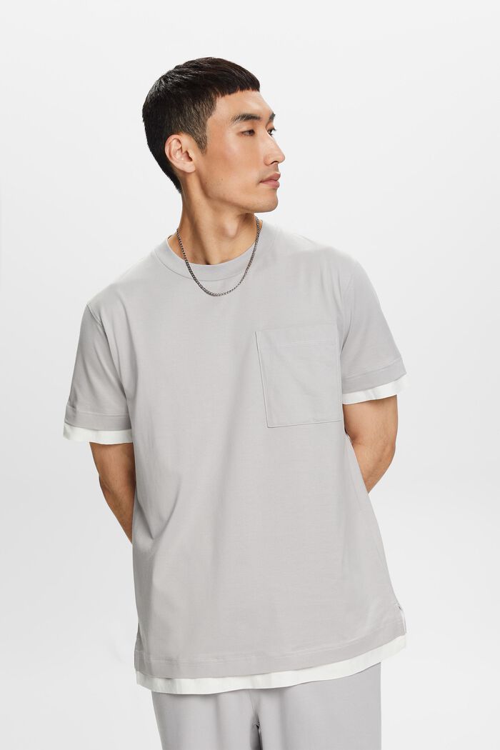 Tričko s kulatým výstřihem ke krku, s vrstveným vzhledem, 100% bavlna, LIGHT GREY, detail image number 1