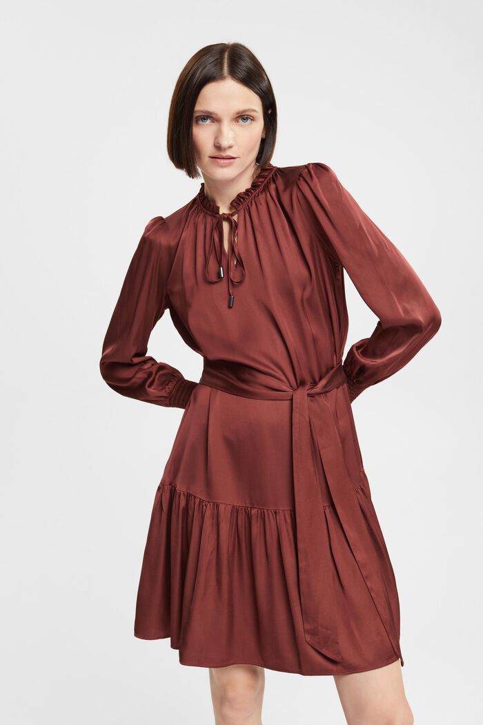 Saténové šaty s nařaseným límcem, LENZING™ ECOVERO™, BORDEAUX RED, detail image number 0