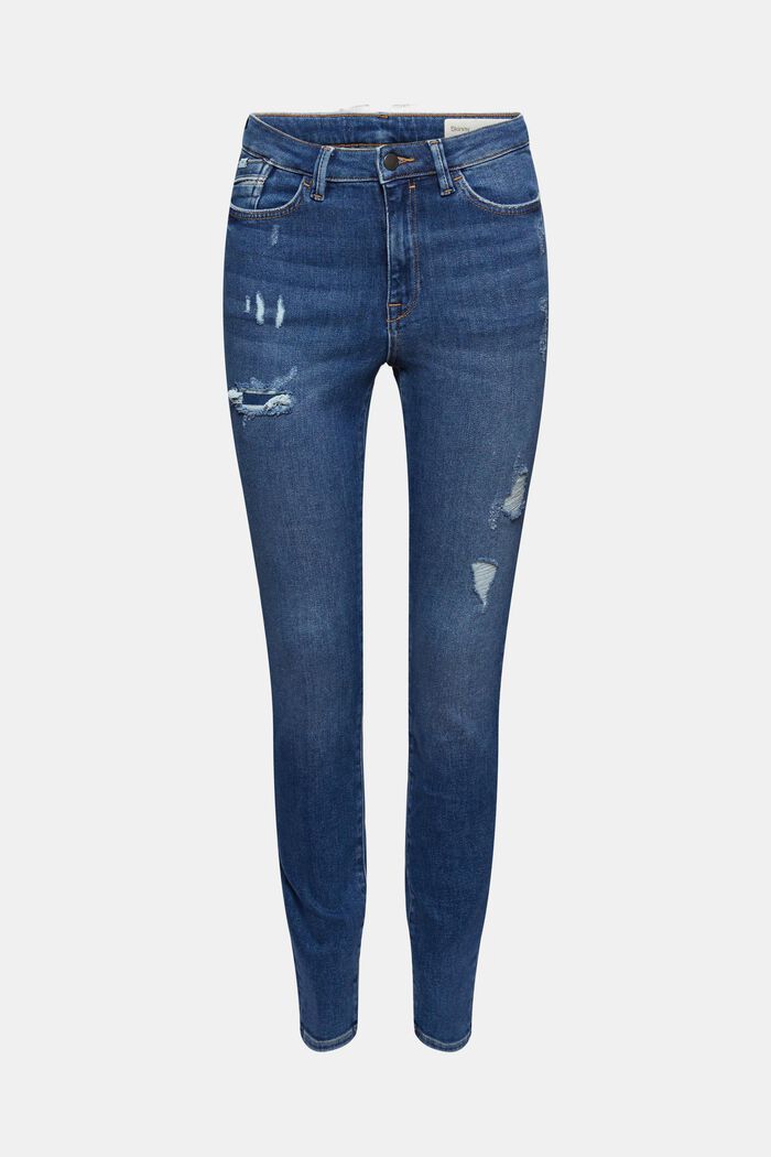 Úzké džíny s poničeným vzhledem, bio bavlna, BLUE DARK WASHED, detail image number 6