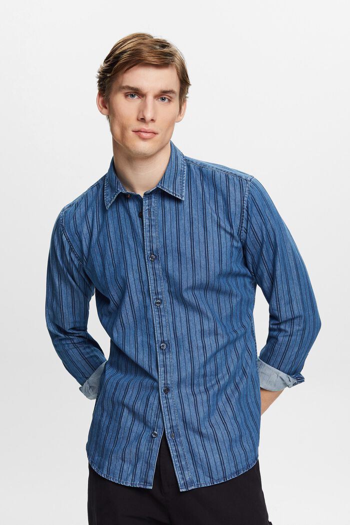 Slim fit džínová košile s pruhy, NAVY, detail image number 0