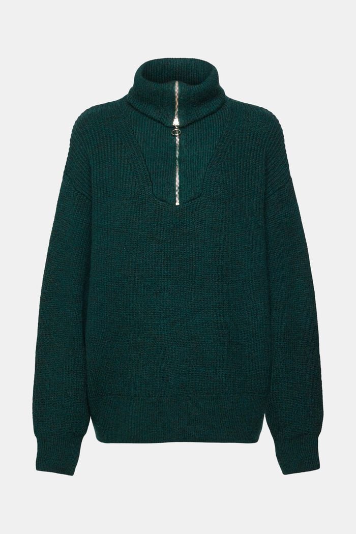 Pletený svetr s polovičním zipem a vlnou, TEAL GREEN, detail image number 6