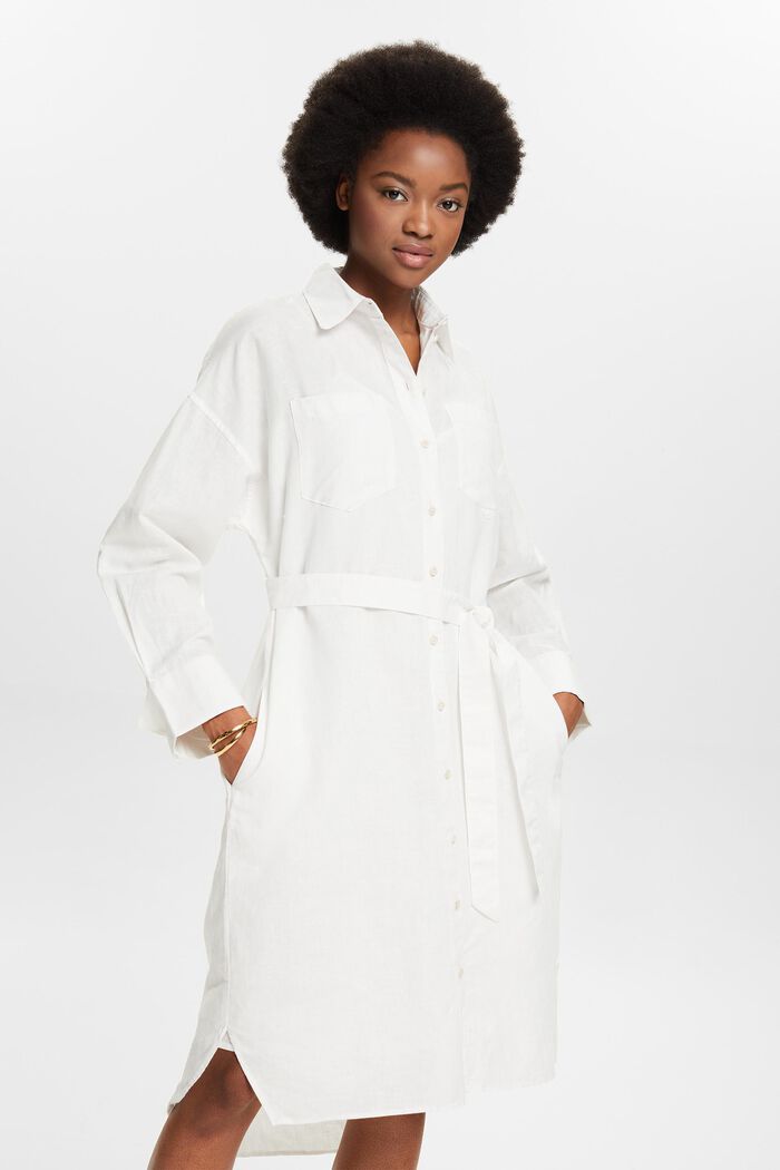 Košilové šaty s opaskem, ze směsi lnu a bavlny, OFF WHITE, detail image number 0