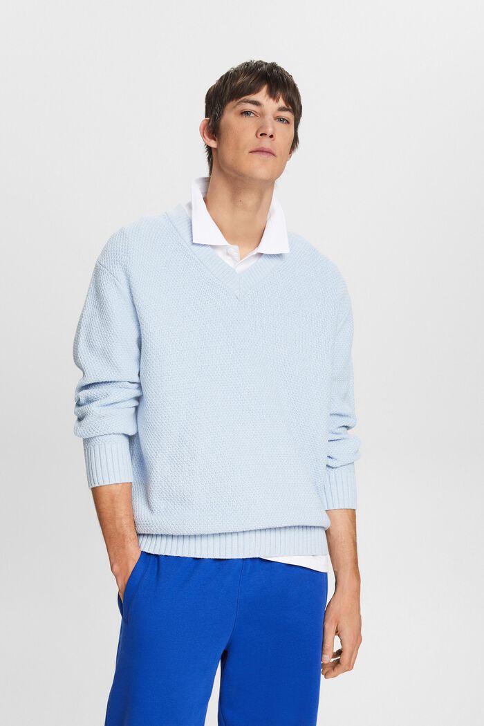 Bavlněný pulovr se špičatým výstřihem, LIGHT BLUE, detail image number 0