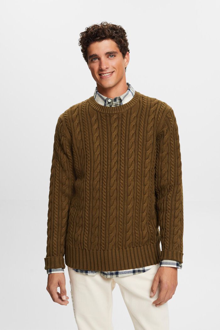 Bavlněný pulovr z copánkové pleteniny, DARK KHAKI, detail image number 1