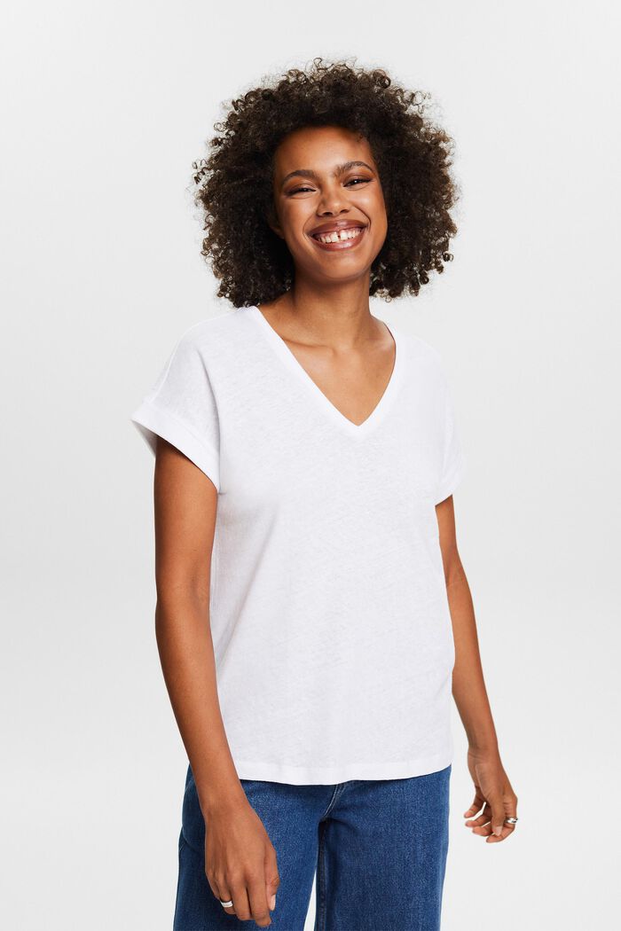 Tričko z bavlny a lnu se špičatým výstřihem, WHITE, detail image number 0