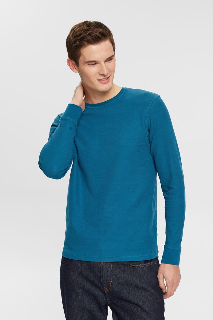Tričko z vaflového piké s dlouhým rukávem, 100% bavlna, DARK TURQUOISE, overview