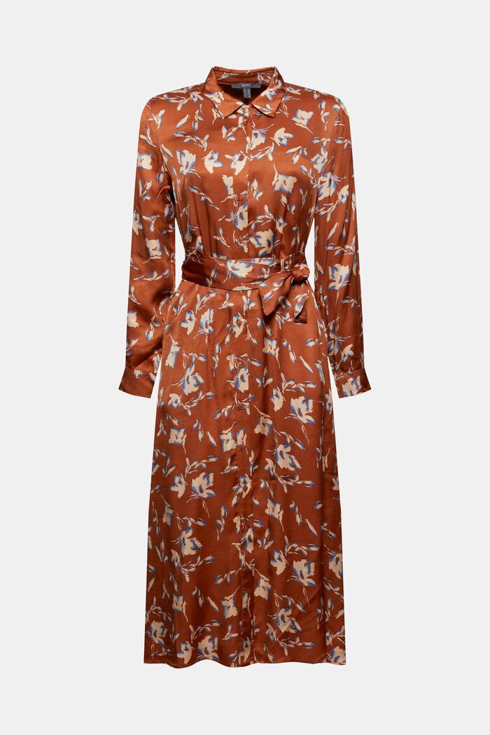 Košilové šaty ze saténu, s natištěnými květy, TERRACOTTA, overview