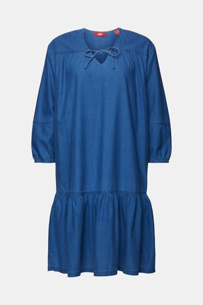 Šaty z materiálu chambray, s volánovým límcem s vázačkou