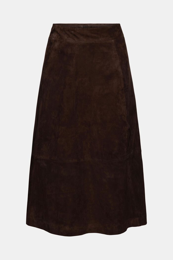 Midi sukně s áčkovým střihem ze 100% semišové kůže, DARK BROWN, detail image number 7