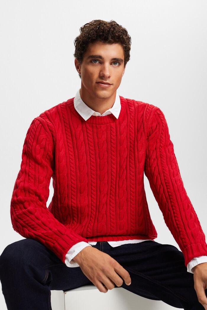 Bavlněný pulovr z copánkové pleteniny, DARK RED, detail image number 2