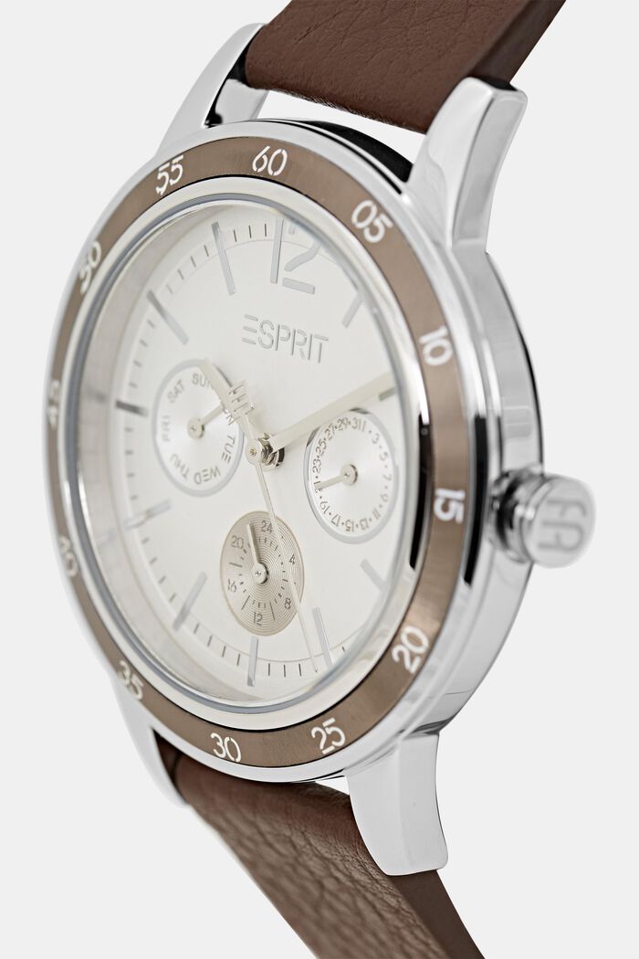 Multifunkční hodinky s koženým páskem, DARK BROWN, detail image number 1