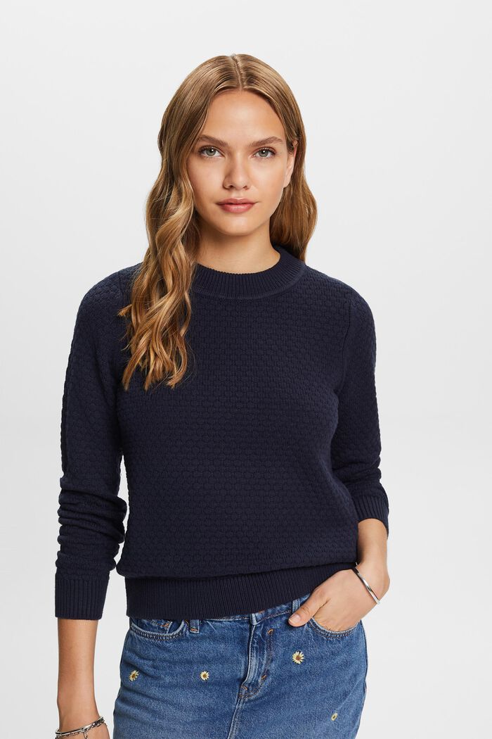Texturovaný pletený pulovr, směs s bavlnou, NAVY, detail image number 0