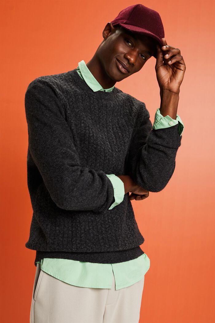Melírovaný copánkový pulovr s kulatým výstřihem, BLACK, detail image number 0