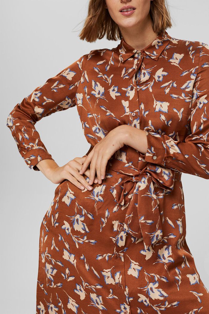 Košilové šaty ze saténu, s natištěnými květy, TERRACOTTA, detail image number 3