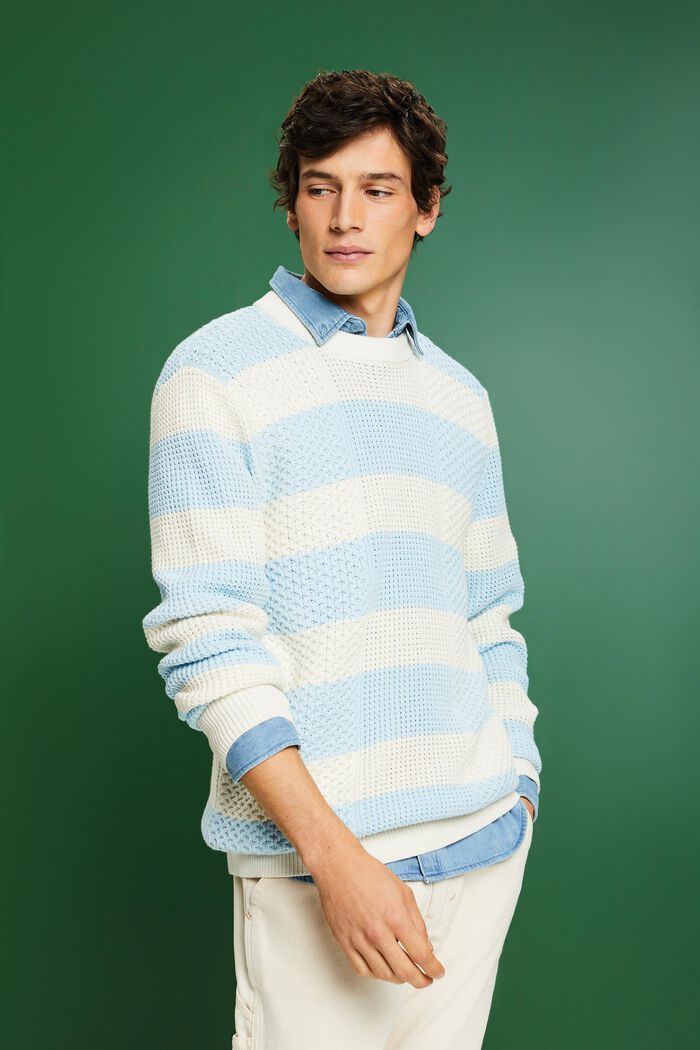 Pruhovaný bavlněný pulovr z copánkové pleteniny, PASTEL BLUE, detail image number 0