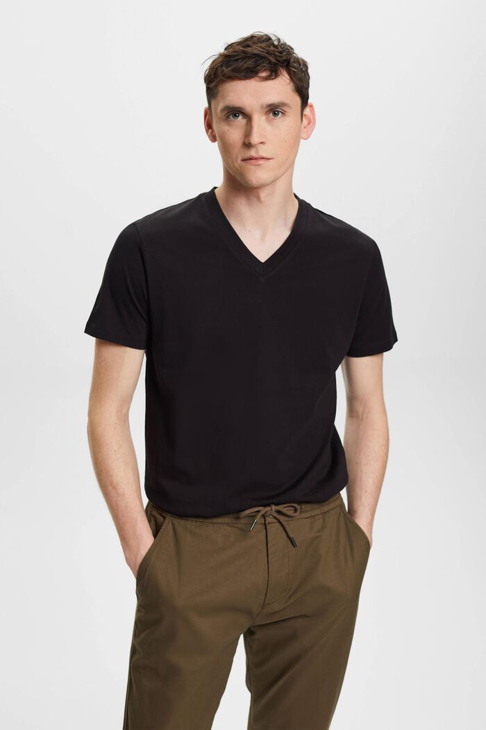 Bavlněné tričko Slim Fit se špičatým výstřihem, BLACK, detail image number 0