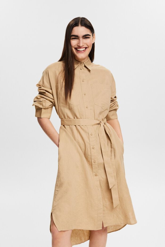 Košilové šaty s opaskem, ze směsi lnu a bavlny, BEIGE, detail image number 0