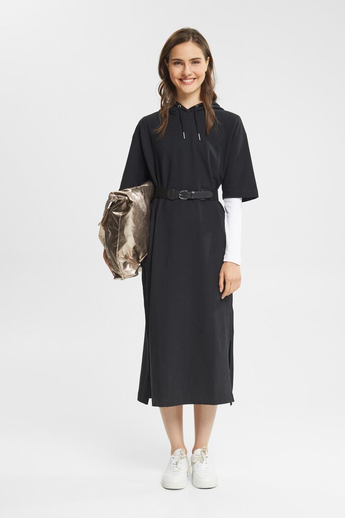 Dlouhé šaty s kapucí, z teplákoviny, BLACK, overview