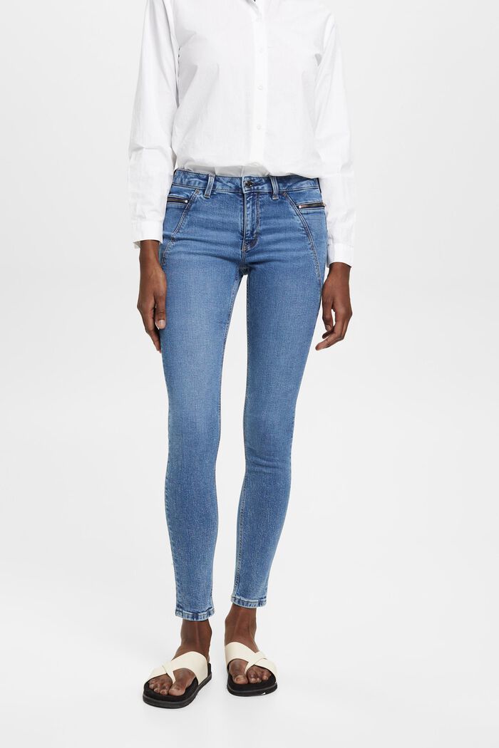 Úzké skinny džíny se středně vysokým pasem a kapsami na zip, BLUE MEDIUM WASHED, detail image number 0