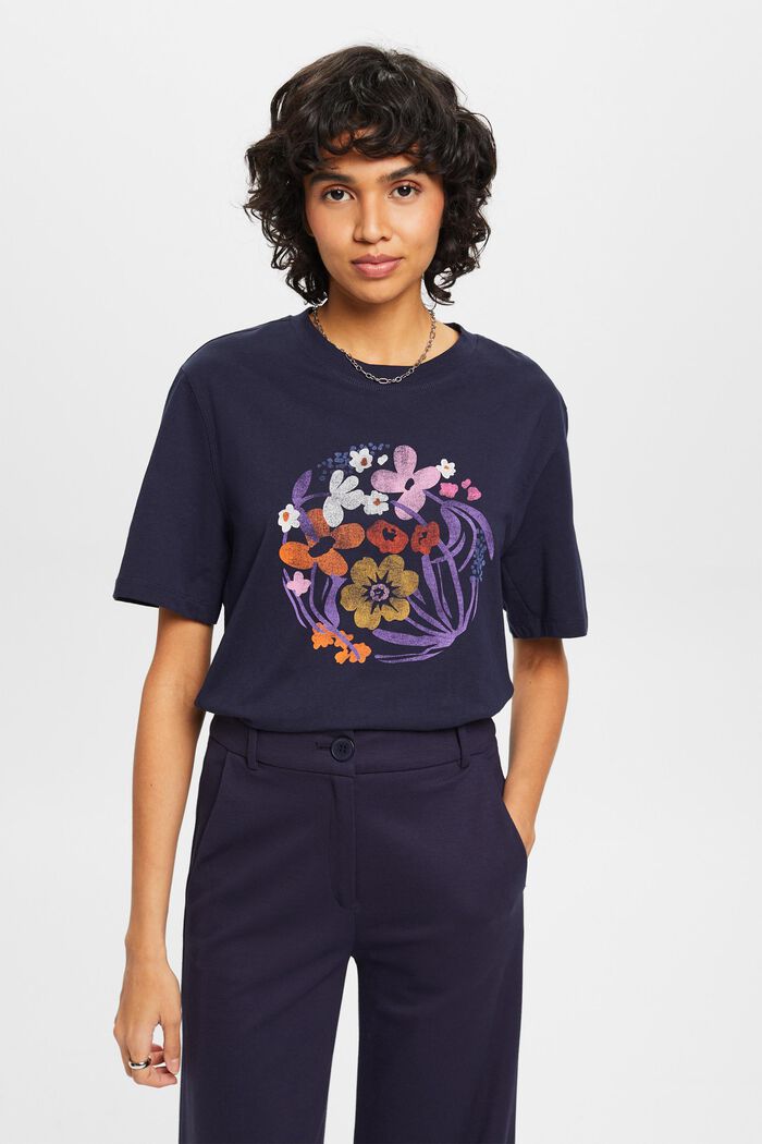 Tričko s květinovým potiskem, NAVY, detail image number 0