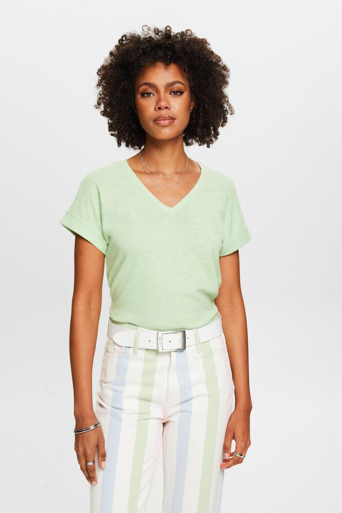 Tričko z bavlny a lnu se špičatým výstřihem, LIGHT GREEN, detail image number 0