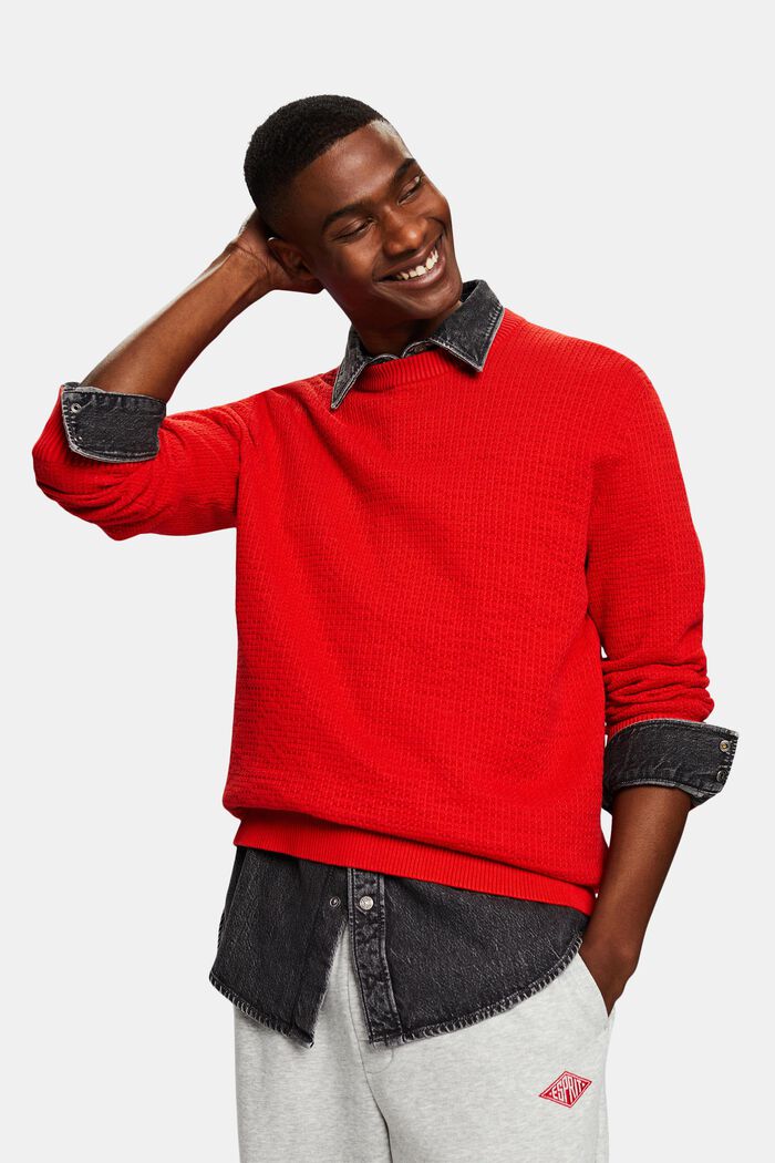 Strukturovaný pulovr s kulatým výstřihem, RED, detail image number 4