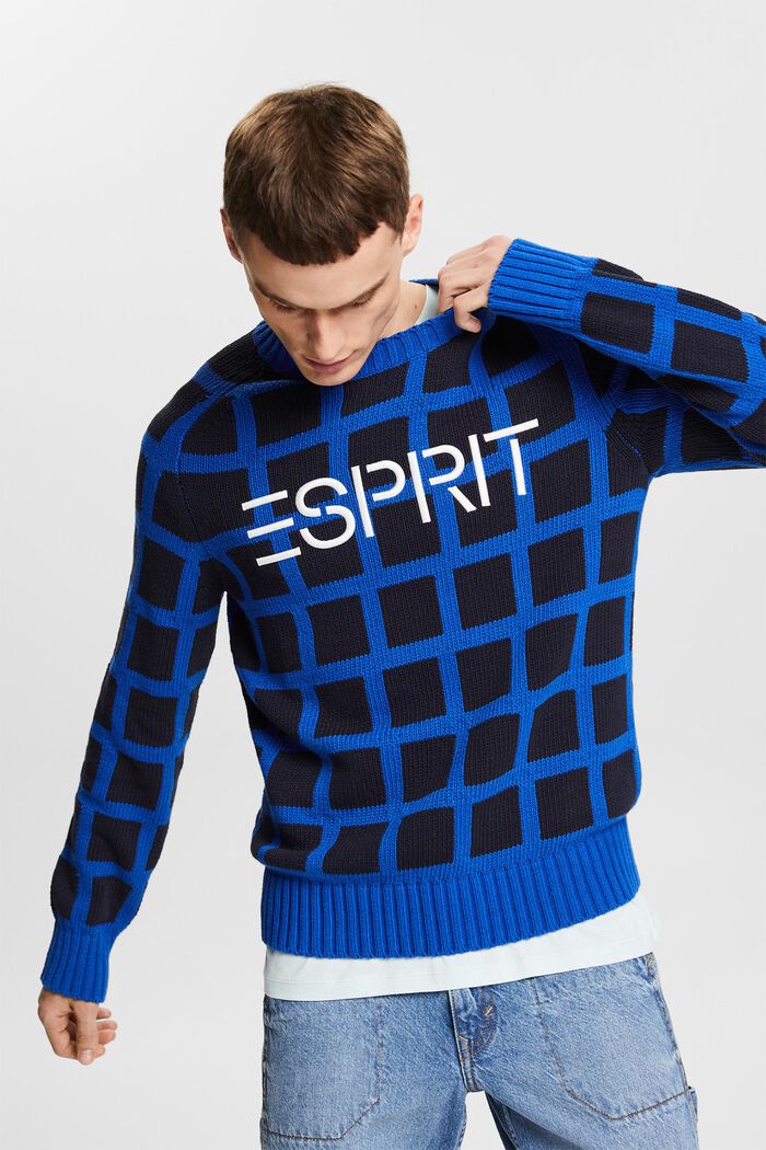 Mřížkovaný pulovr z hrubé pleteniny s logem, BRIGHT BLUE, detail image number 4