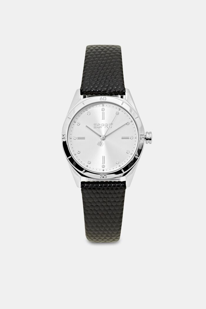 Nerezové hodinky se strukturovaným koženým páskem, BLACK, detail image number 0