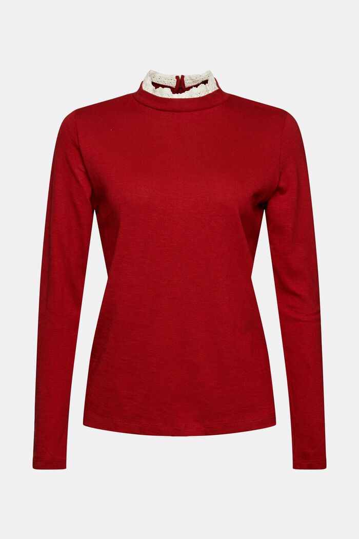 Tričko s dlouhým rukávem z bio bavlny s krajkou, DARK RED, overview
