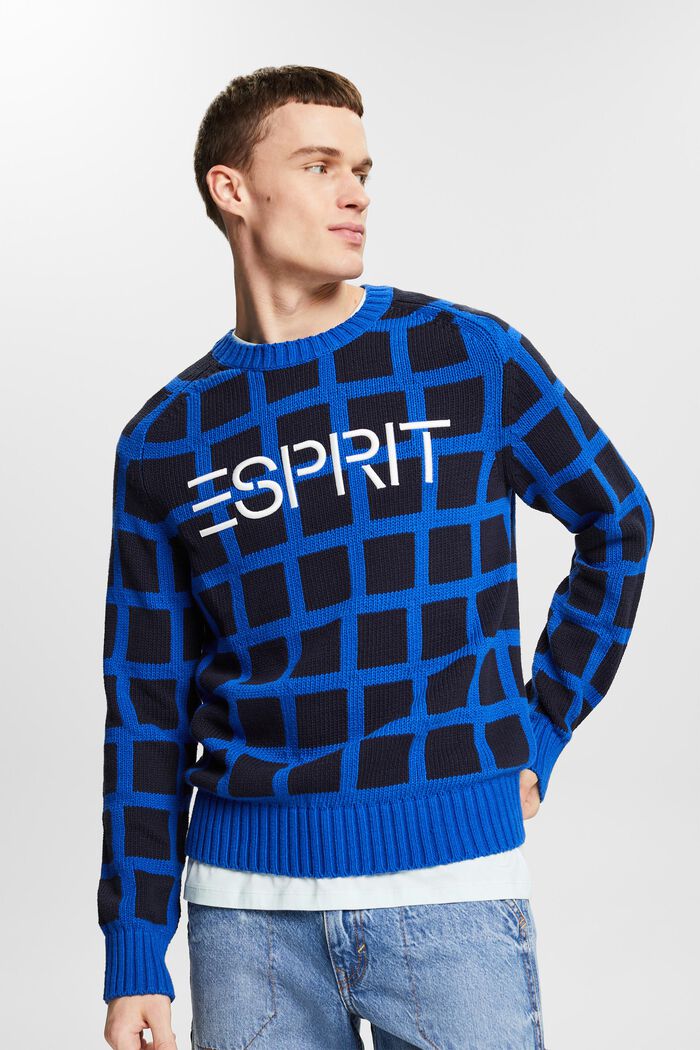 Mřížkovaný pulovr z hrubé pleteniny s logem, BRIGHT BLUE, detail image number 0