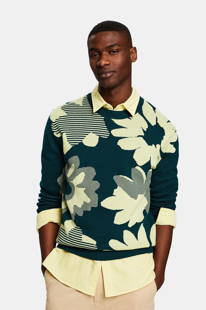 Žakárový pulovr z bavlny, DARK TEAL GREEN, detail image number 0