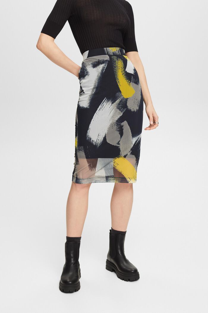 Midi sukně s potiskem, ze síťoviny, BLACK, detail image number 0